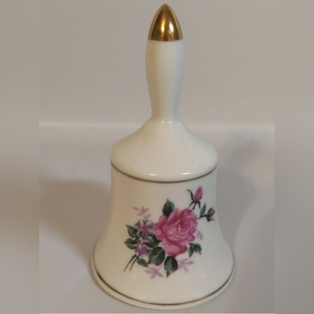 Vintage Lefton Porcelain Bell with Pink Rose & Gold Trim- Japan #6617